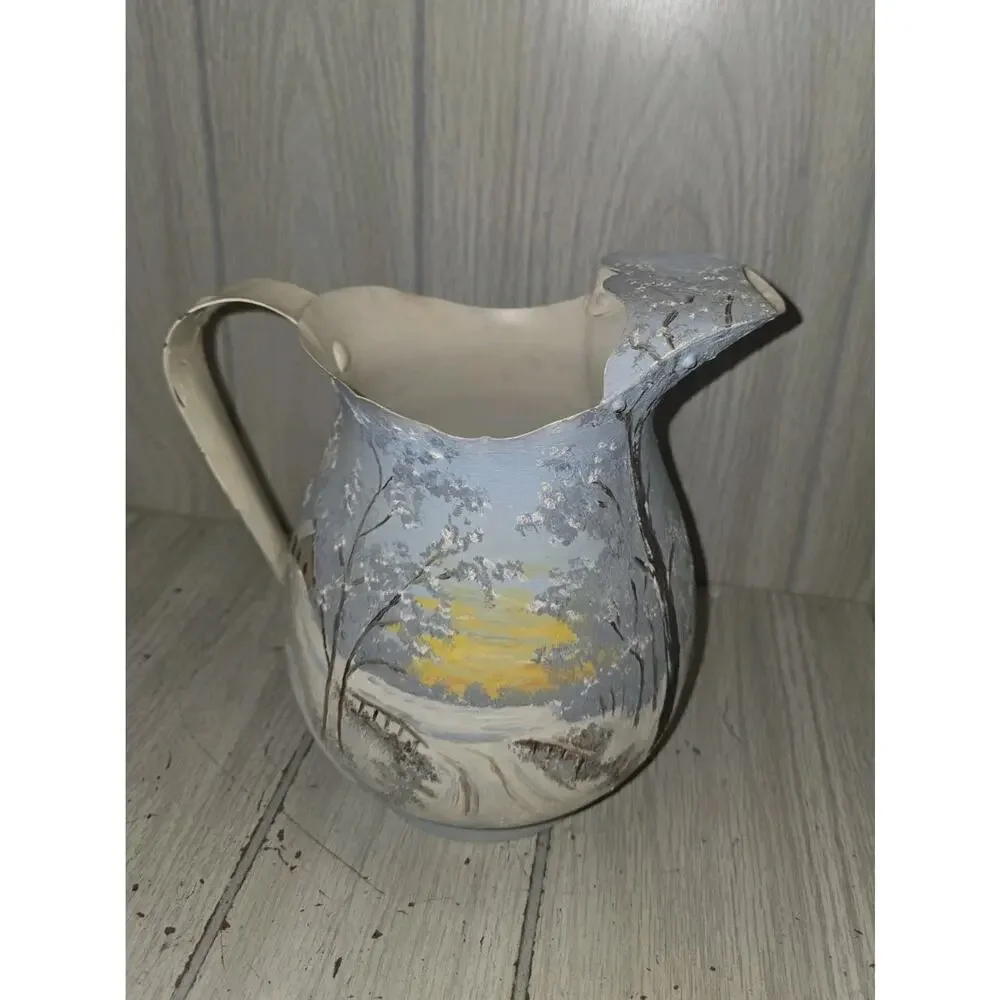 Vintage Hand Painted Metal Pitcher Winter Country Scene Artist Signed Farmhouse